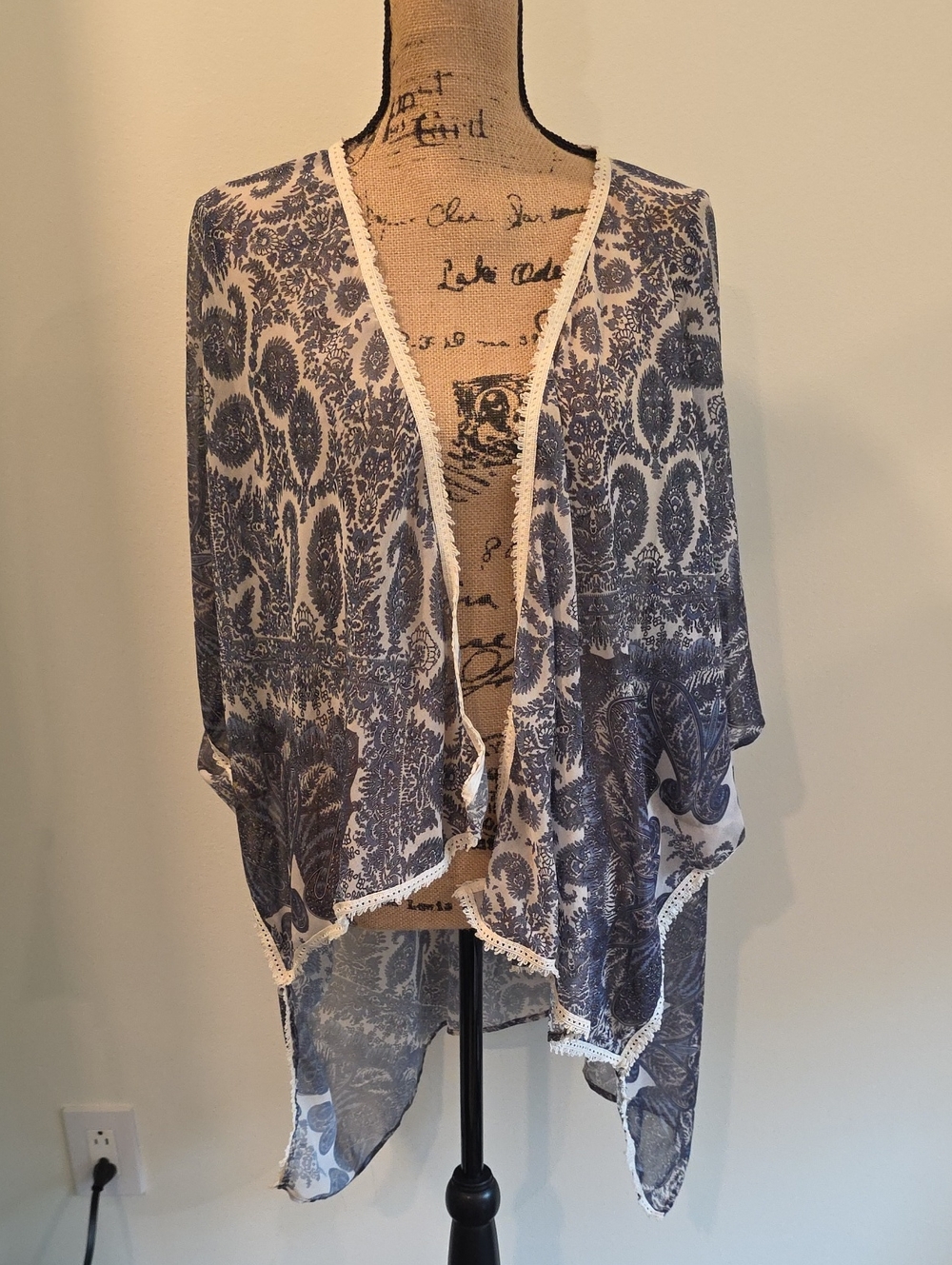 Boho Paisley Sheer Kimono Wrap in Blue and White